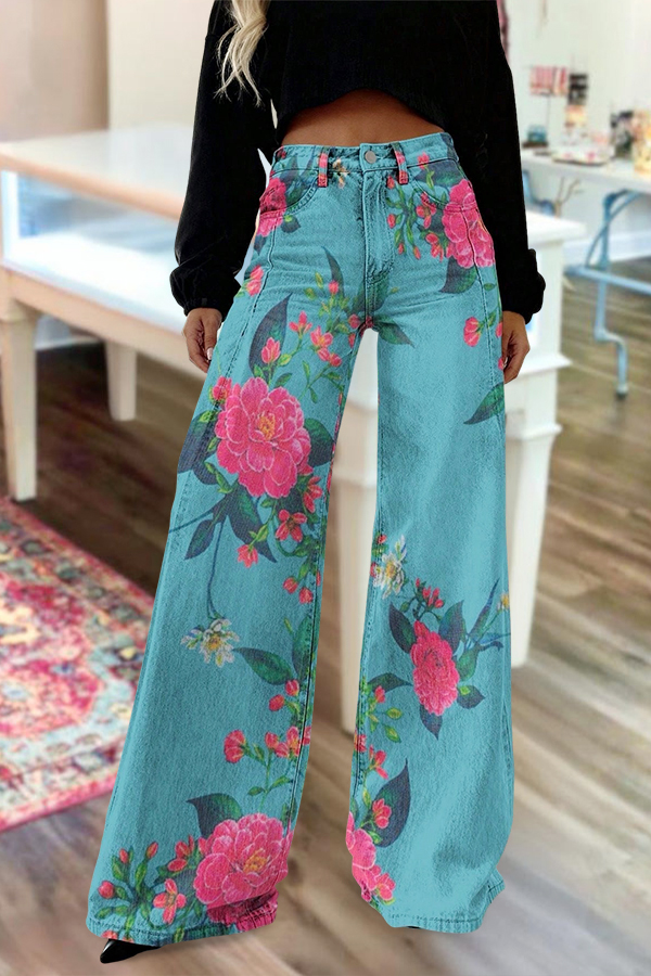 Retro Washed Cotton Denim Floral Wide-Leg Pants