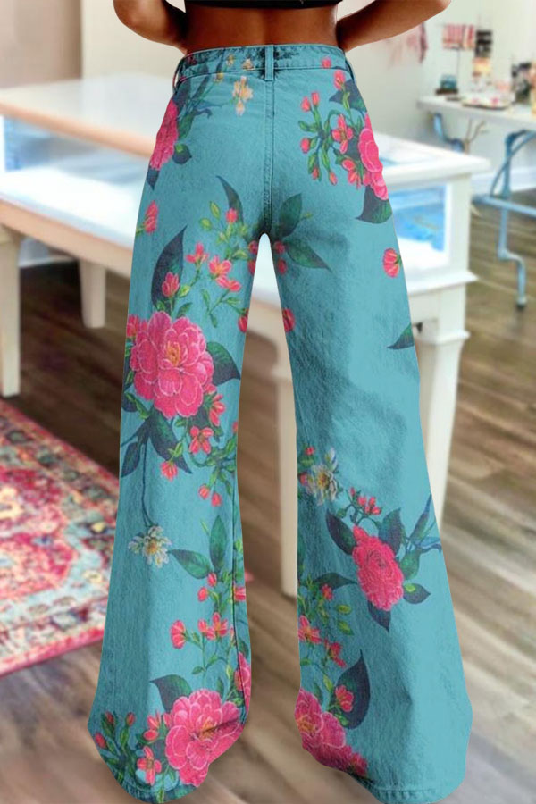 Retro Washed Cotton Denim Floral Wide-Leg Pants