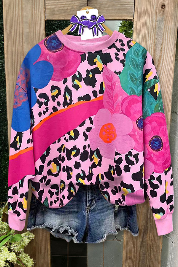 Sweet Leopard Print Floral Crew Neck Sweatshirt