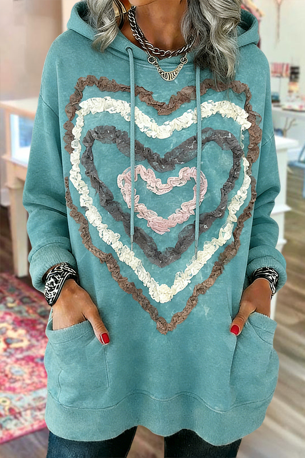 Retro Heart Ruffle Pocket Hoodie