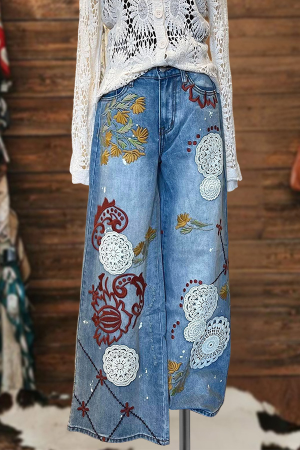 Denim-Style Lace Print Wide-Leg Pants