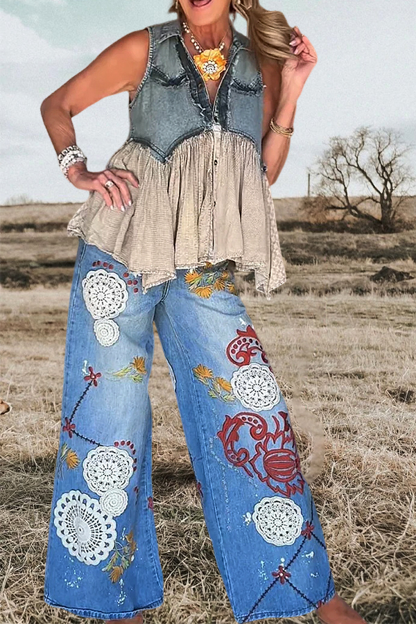Denim-Style Lace Print Wide-Leg Pants