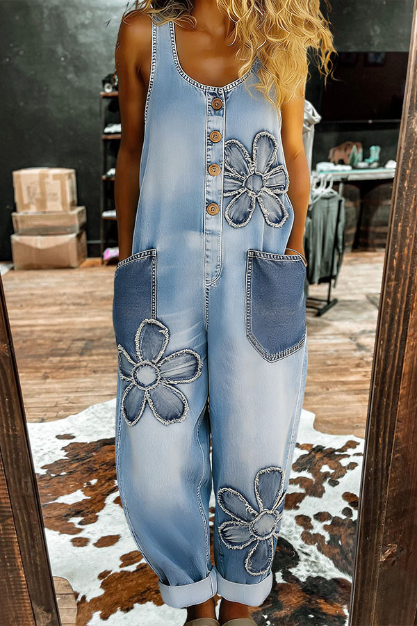 Retro Washed Cotton Denim Floral Double Pocket Overalls