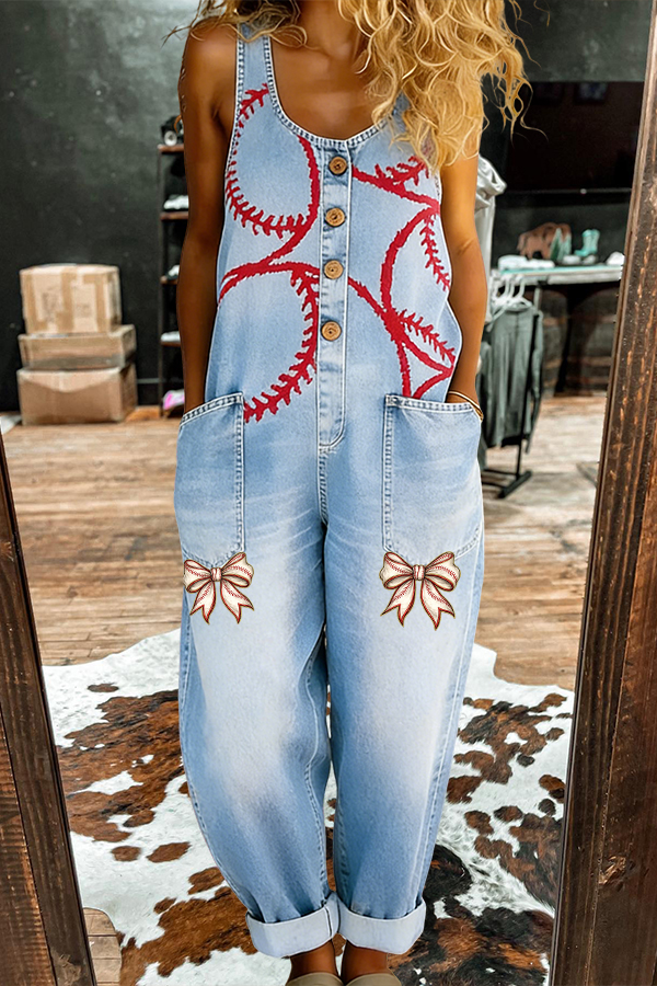 Game Day Baseball Denim Bow Double Pocket Overalls