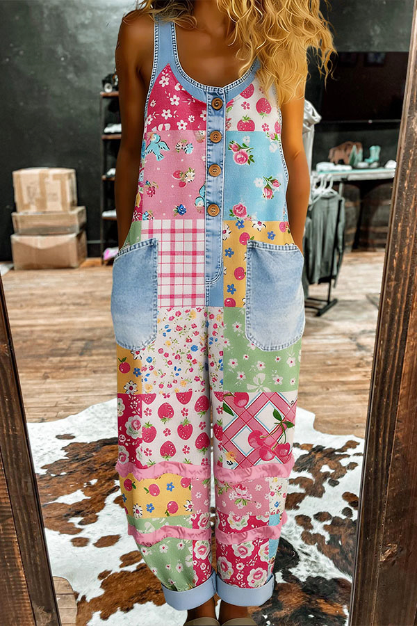 Fresh Washed Cotton Floral Double Pocket Overalls