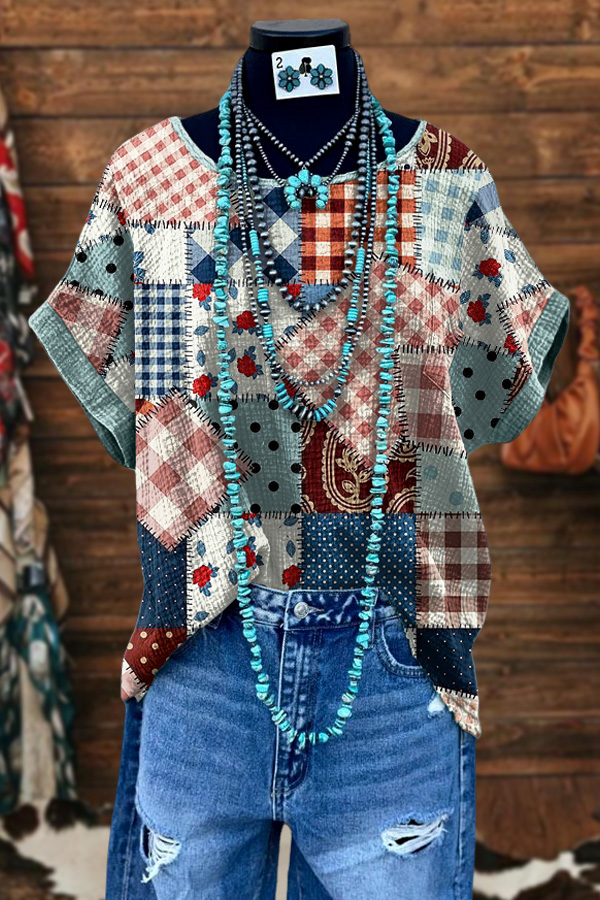 Country-Style Plaid Patchwork Batwing Sleeve Top