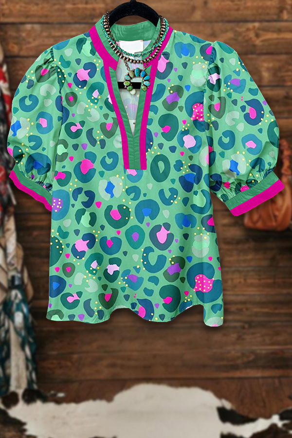 Colorful Leopard Print Patchwork V-Neck Shirt