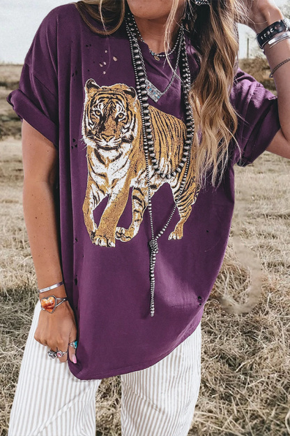 Retro Distressed Tiger Crew Neck T-Shirt