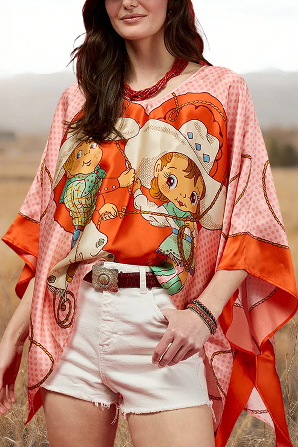 Satin Cute Cowgirl Polka Dot Batwing Sleeve Top