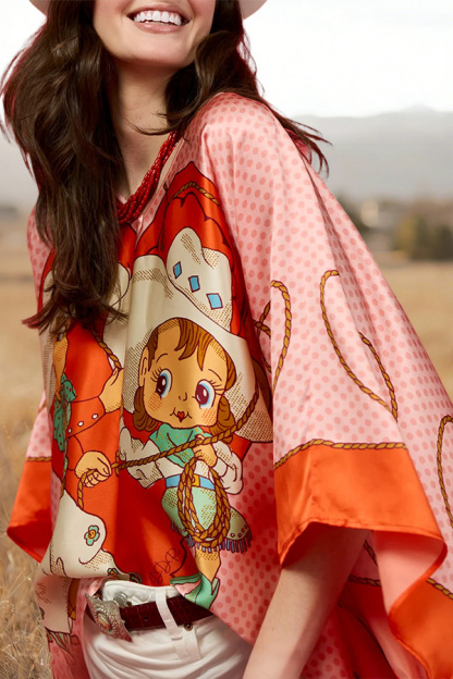 Satin Cute Cowgirl Polka Dot Batwing Sleeve Top