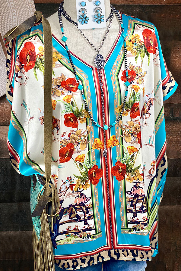 Western Turquoise Floral Satin Top