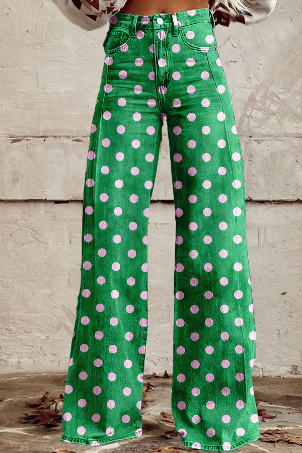 Retro Washed Cotton Polka Dot Wide-Leg Pants