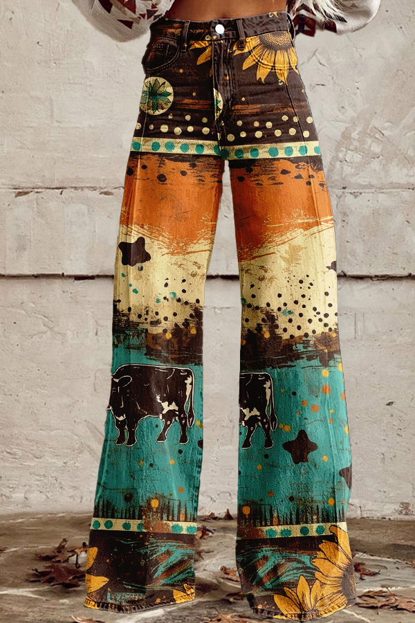Western Daisy Washed Cotton Wide-Leg Pants