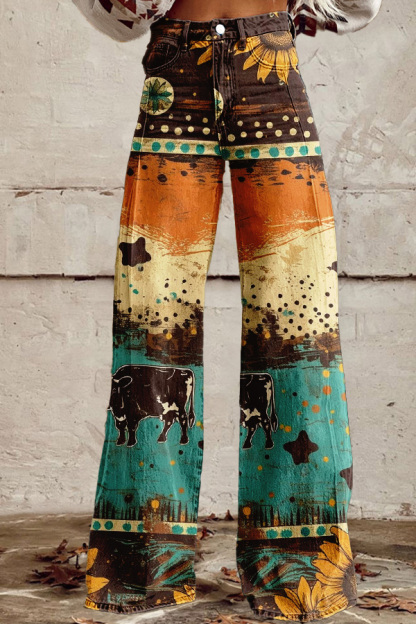 Western Daisy Washed Cotton Wide-Leg Pants