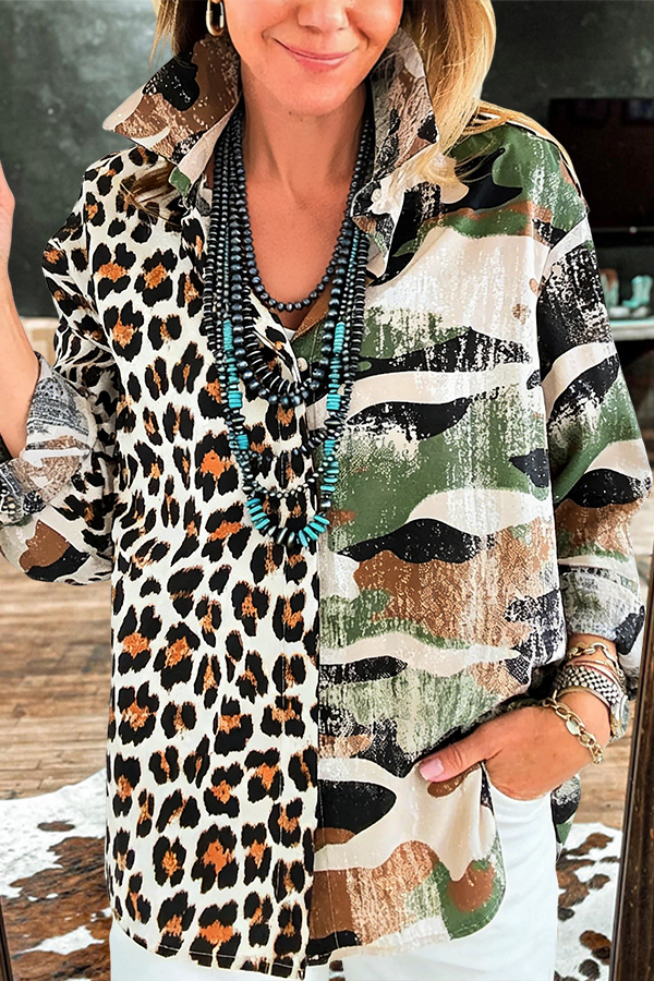 Washed Cotton Leopard Camouflage Patchwork Shirt