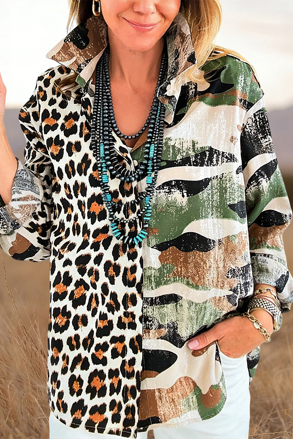 Washed Cotton Leopard Camouflage Patchwork Shirt