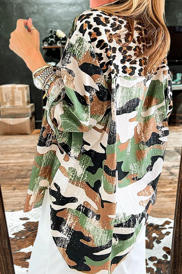 Washed Cotton Leopard Camouflage Patchwork Shirt