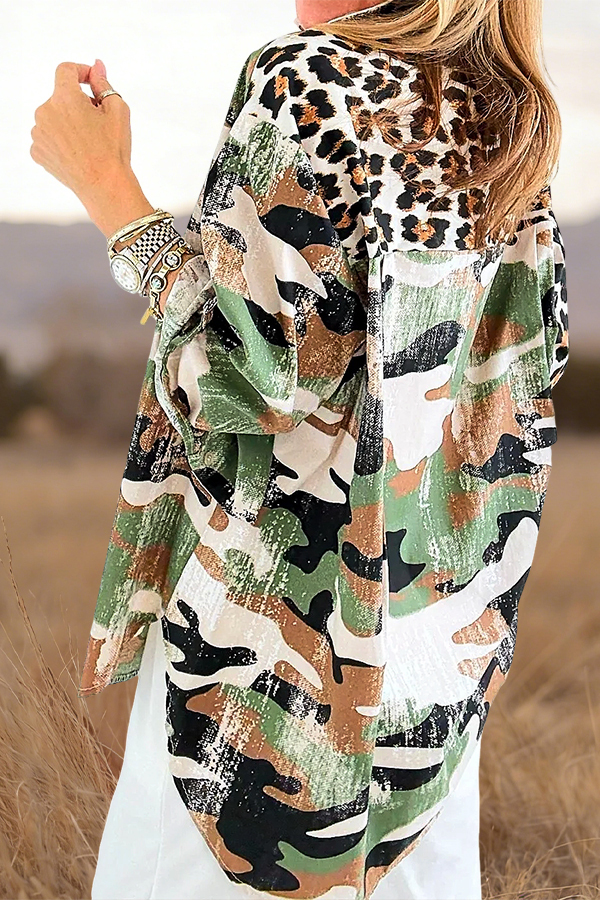 Washed Cotton Leopard Camouflage Patchwork Shirt
