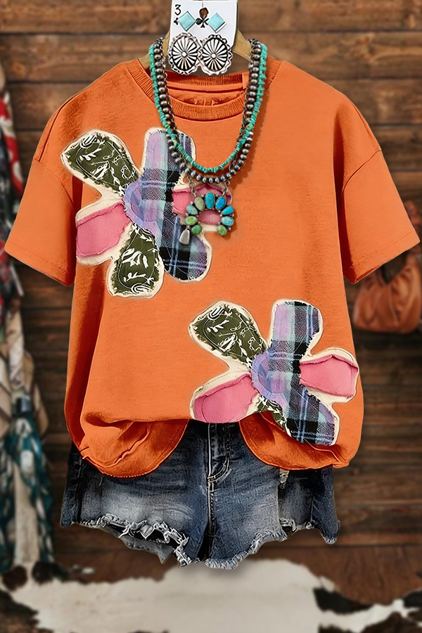 Retro Floral Patchwork Crew Neck T-Shirt