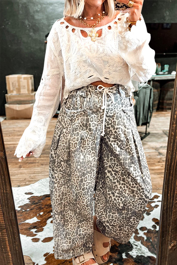 Women's jeans | Classic Washed Cotton Leopard Drawstring Pleated Trousers |westernfeelings