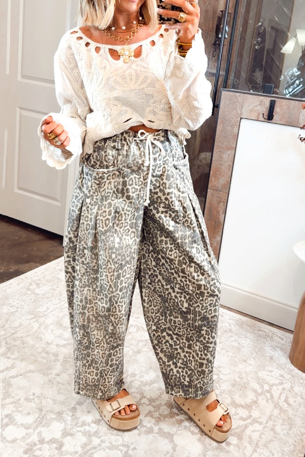 Classic Washed Cotton Leopard Drawstring Pleated Trousers