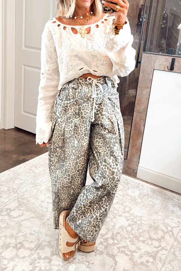 Classic Washed Cotton Leopard Drawstring Pleated Trousers