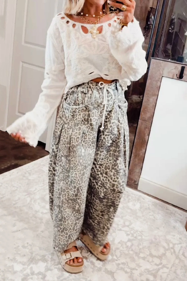 Classic Washed Cotton Leopard Drawstring Pleated Trousers