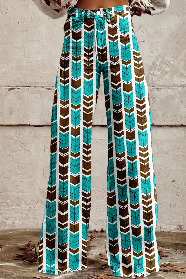 Aztec Turquoise Striped Washed Cotton Wide-Leg Pants