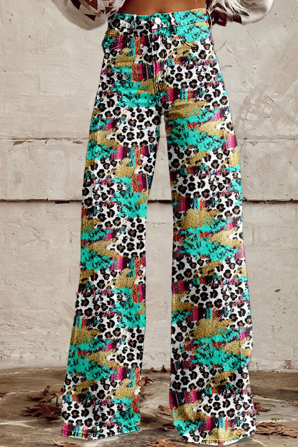 Western Washed Cotton Leopard Print Wide-Leg Pants