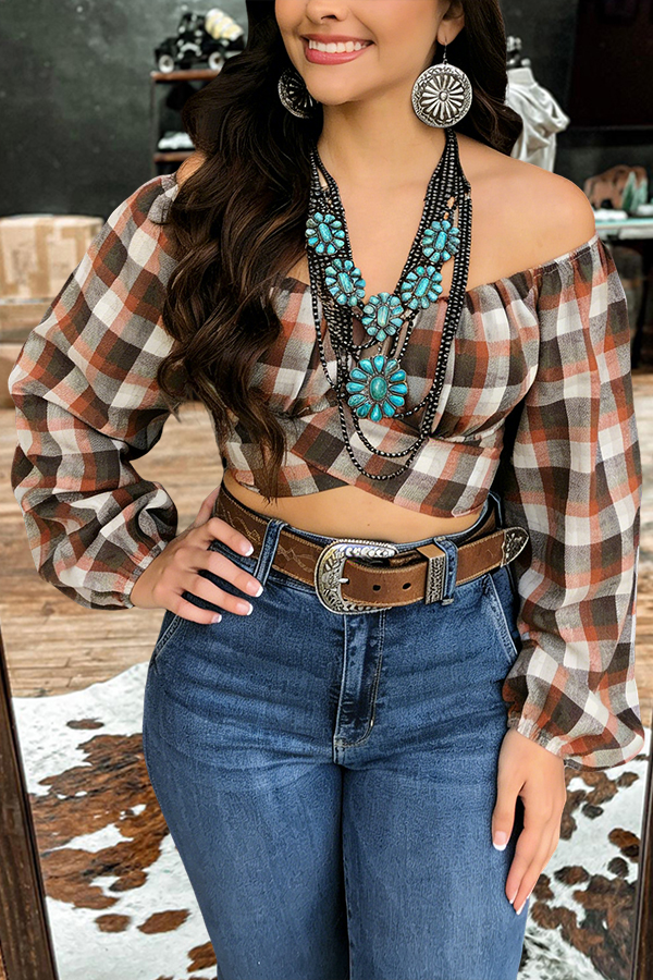 Western Cotton Plaid Elastic Collar Cropped Top