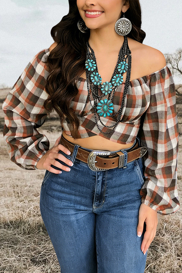 Western Cotton Plaid Elastic Collar Cropped Top