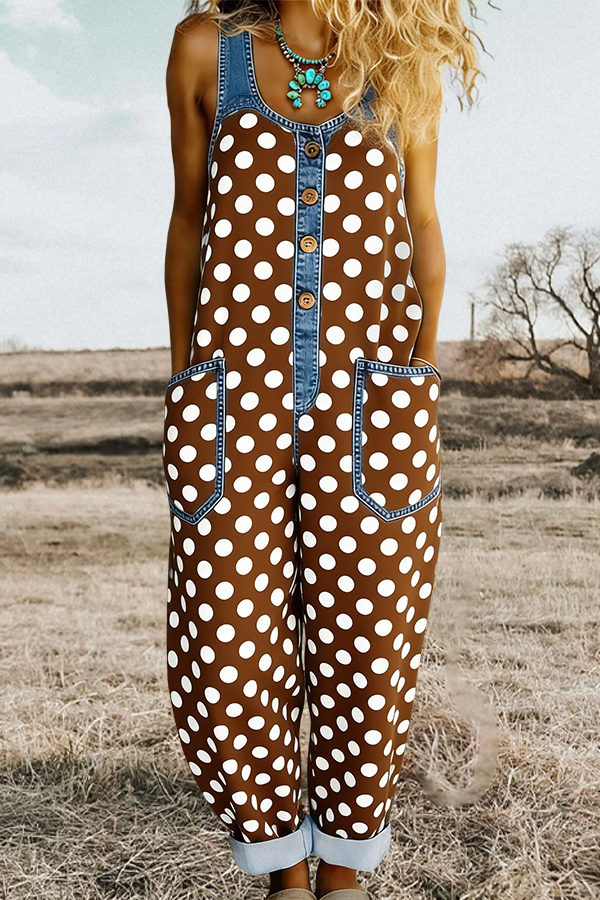 Classic Polka Dot Washed Cotton Denim Jumpsuit