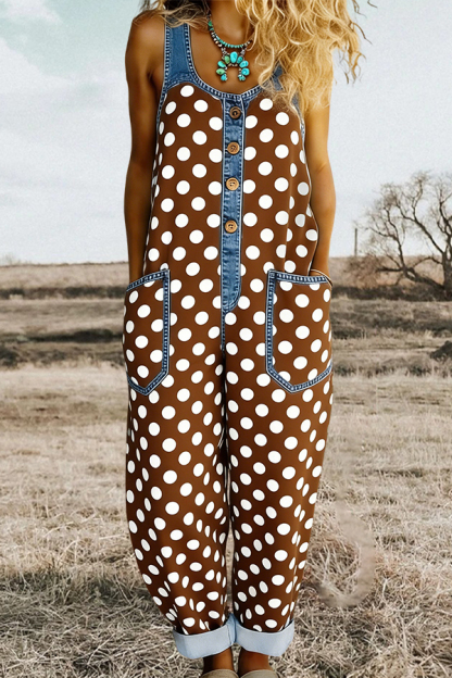 Classic Polka Dot Washed Cotton Denim Jumpsuit
