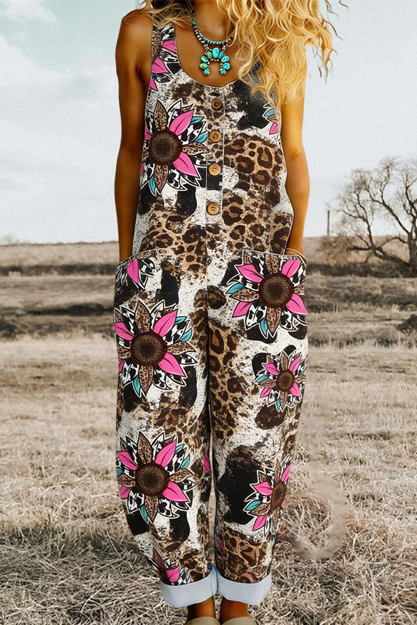 Western Cowboy Leopard Print Daisy Button Jumpsuit
