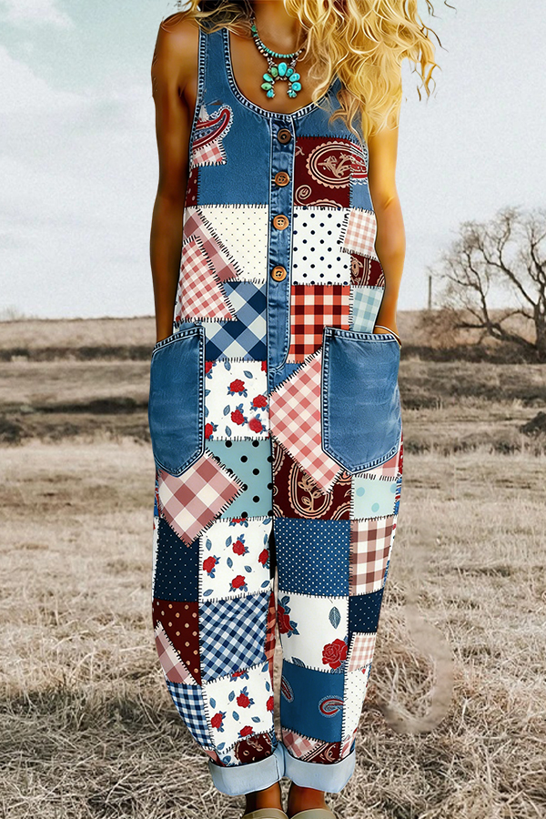 Retro Plaid Patchwork Denim Button Jumpsuit