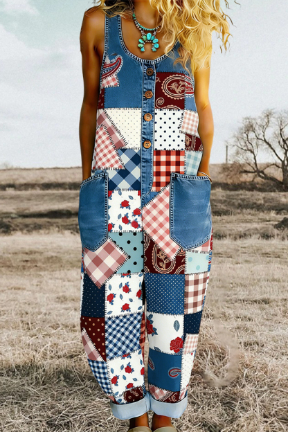 Retro Plaid Patchwork Denim Button Jumpsuit