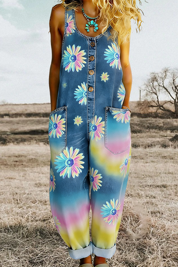 Fresh Gradient Daisy Washed Denim Button Jumpsuit