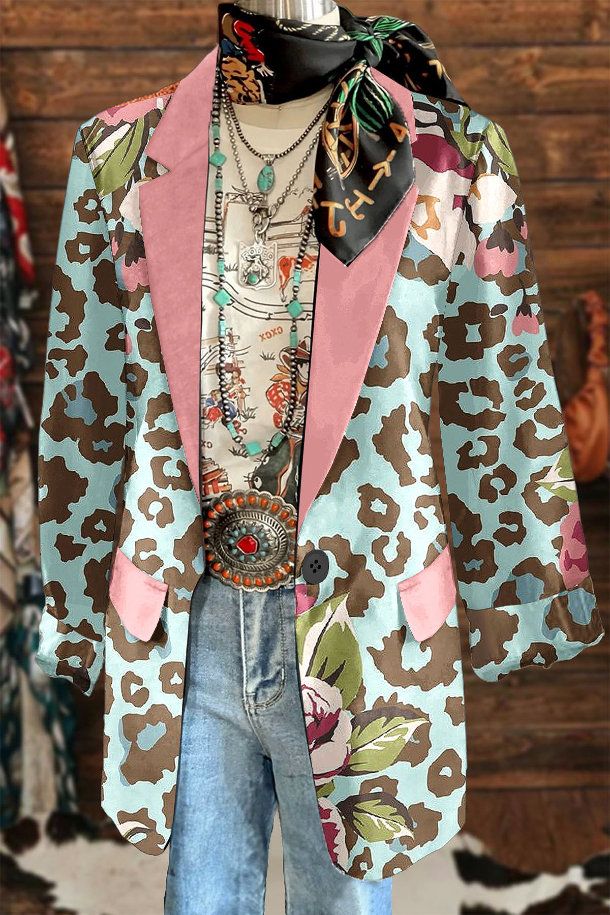 Fresh Leopard Print Floral Patchwork Lightweight Blazer