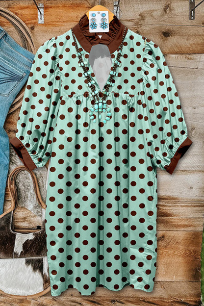 Turquoise Polka Dot Pleated Puff Sleeve Midi Dress