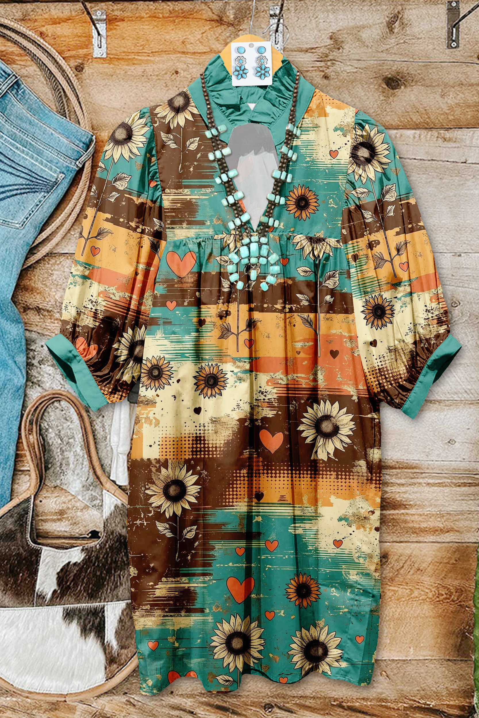 Western Daisy Ruched Puff Sleeve Midi Dress