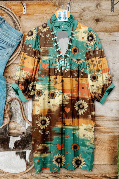 Western Daisy Ruched Puff Sleeve Midi Dress