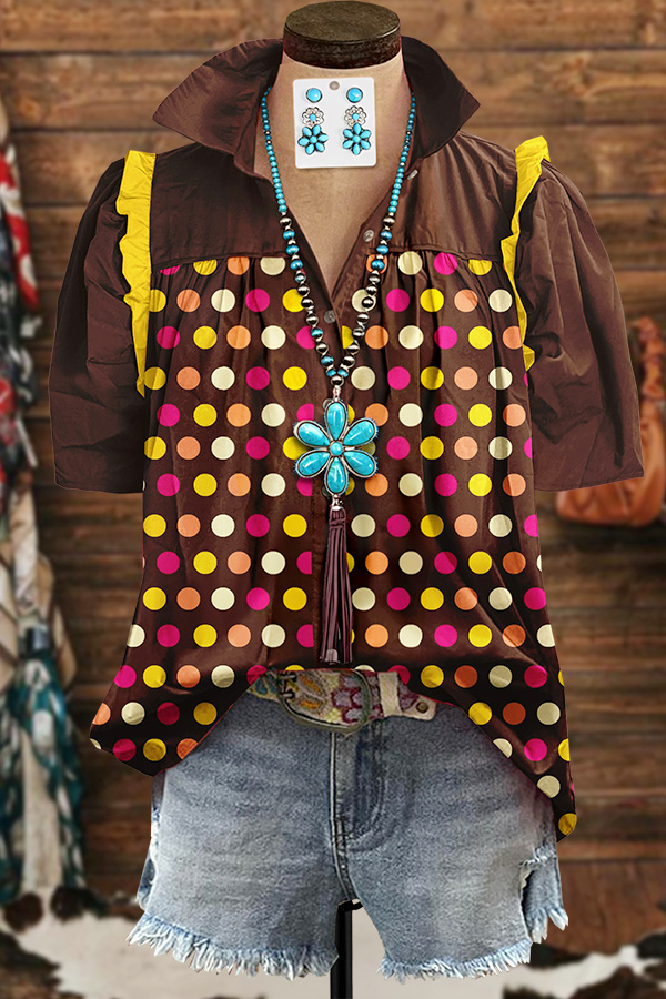 Colorful Polka Dot Patchwork Ruched Puff Sleeve Shirt