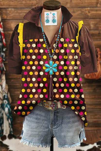 Colorful Polka Dot Patchwork Ruched Puff Sleeve Shirt