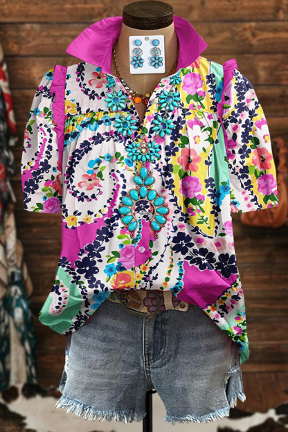 Romantic Paisley Floral Patchwork Ruched Shirt