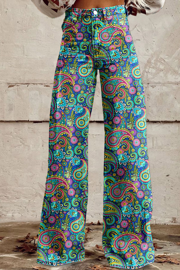 Western Paisley Washed Cotton Wide-Leg Pants