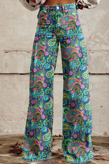 Western Paisley Washed Cotton Wide-Leg Pants