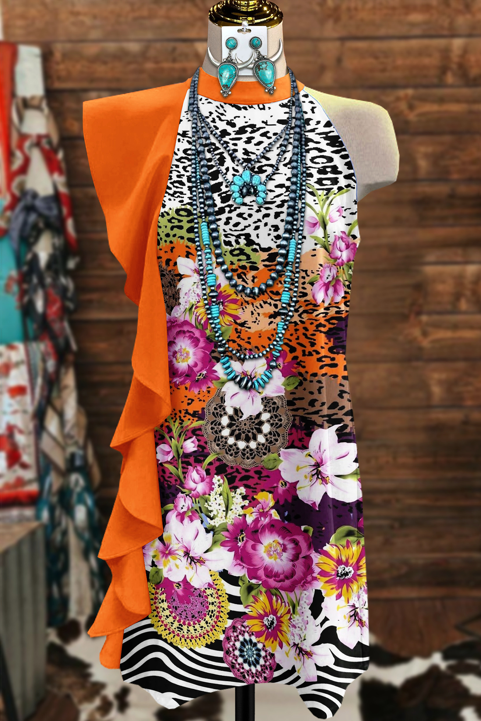 Western Chiffon Leopard Floral Ruffle Patchwork Midi Dress