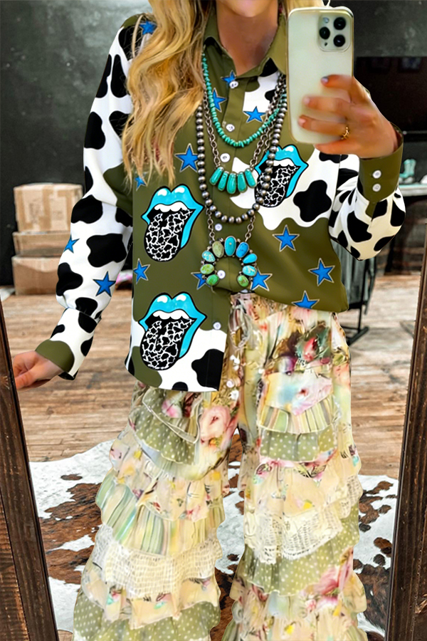 Western Cow Print Patchwork Button-Down Shirt