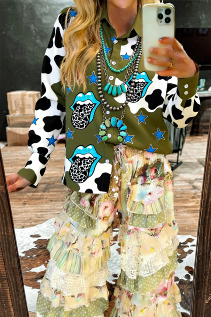 Western Cow Print Patchwork Button-Down Shirt