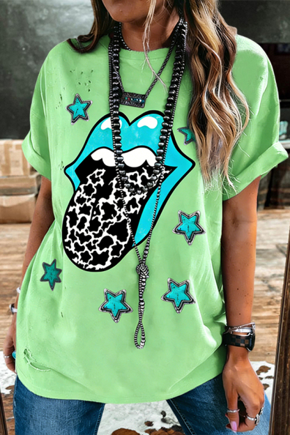 Retro Rebellious Five-Pointed Star Crew Neck T-Shirt